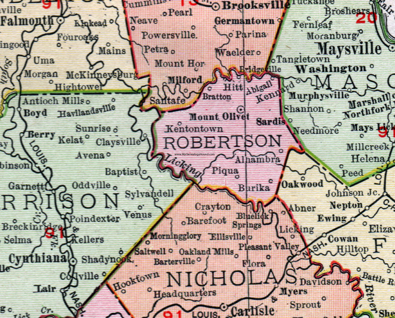 Robertson County, Kentucky 1911 Rand McNally, Mount Olivet, Piqua, Alhambra, Kentontown, Abigail, Bratton, Burika, Hitt, KY