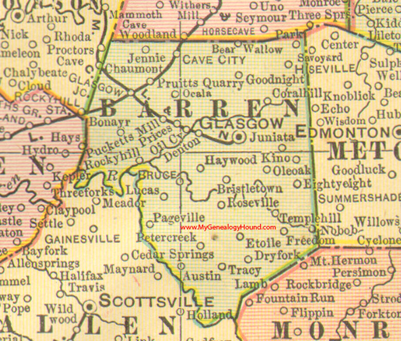Barren County, Kentucky 1905 Map Glasgow, KY