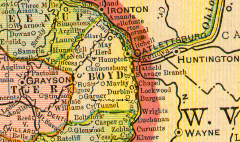Boyd County, Kentucky 1905 Map Ashland, Catlettsburg, Cannonsburg, Rush, Savage Branch, Mavity, Herd, Pollard, McNeal, Norton, Princess