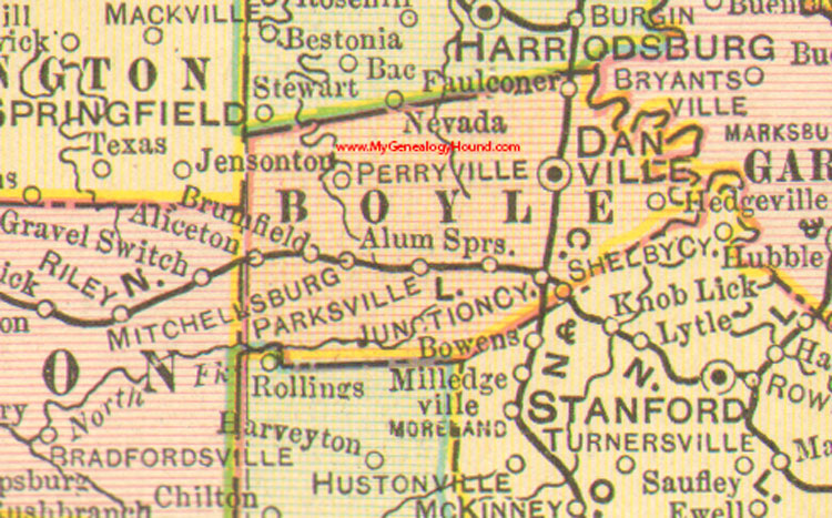 Boyle County, Kentucky 1905 Map Danville, KY, Aliceton, Alum Springs, Brumfield, Faulconer, Hedgeville, Junction City, Mitchellsburg, Parksville, Shelby City