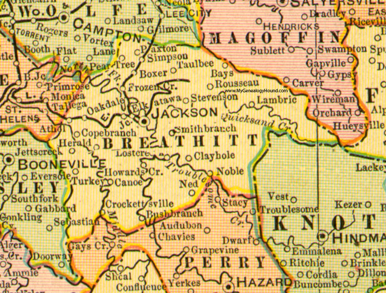 Breathitt County, Kentucky 1905 Map Jackson, Turkey, Crockettsville, Elkatawa, Rousseau, Paxton, Crockettsville, Taulbee, Simpson, Ned