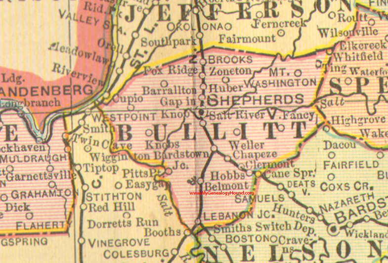 Bullitt County, Kentucky vintage 1905 map, Shepherdsville, Belmont, Lebanon Junction, Mt. Washington, Weller, Zoneton, Cupio, Chapeze, Clermont, Huber, Hobbs, KY