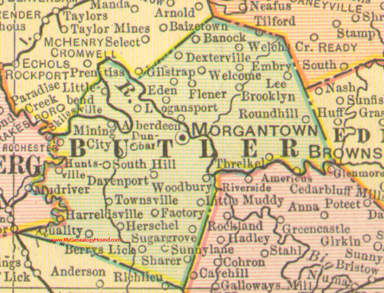 Butler County, Kentucky vintage 1905 Map Morgantown, Quality, Rochester, Sugar Grove, Woodbury, Americus, Aberdeen, KY