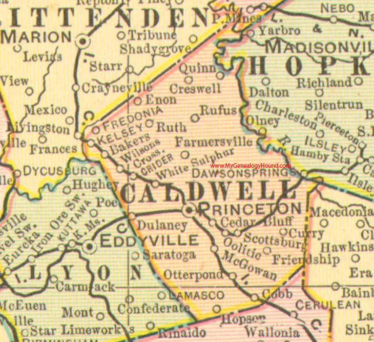 Caldwell County, Kentucky vintage 1905 map, Princeton, Fredonia, Crider, Creswell, Cobb, Dulaney, Enon, Hopson, Kelsey, McGowan, Oolitic, Quinn, KY