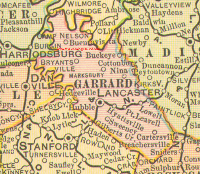 Garrard County, Kentucky 1905 Map Lancaster, KY, Paint Lick, Bryantsville, Buckeye, Buena Vista, Cartersville, Hyattsville, Lowell, Marksbury, Nina, Point Leavell, Sweeney