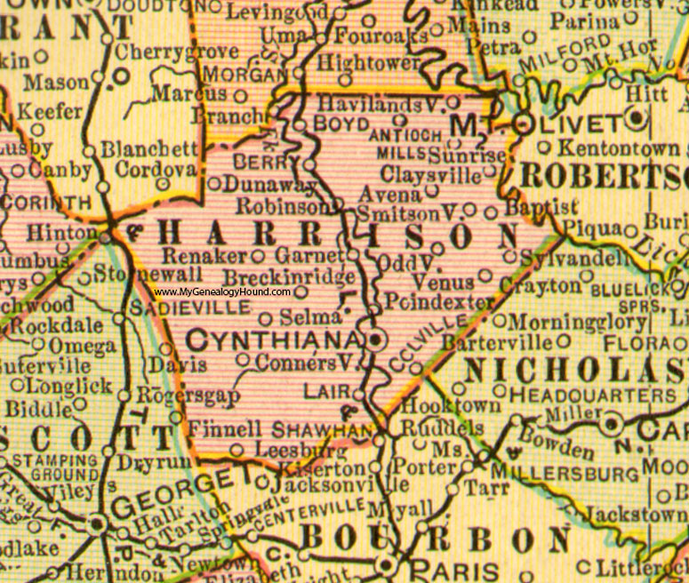 Harrison County, Kentucky 1905 Map Cynthiana, Berry, Sunrise, Oddville, Poindexter, Renaker, Boyd, Garnet, Venus, Dunaway, Selma
