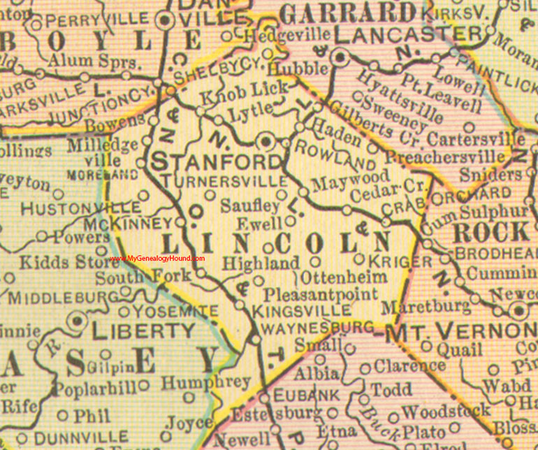 Lincoln County, Kentucky 1905 Map Stanford, KY, Crab Orchard, Hustonville, Moreland, Waynesburg, Kriger, Milledgeville, Turnersville, Ottenheim, Preachersville, Saufley