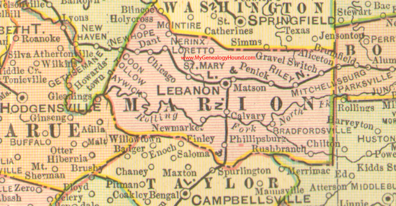 Marion County, Kentucky 1905 Map Lebanon, KY, Bradfordsville, Dant, Gravel Switch, Holy Cross, Loretto, Matson, Nerinx, Penick 