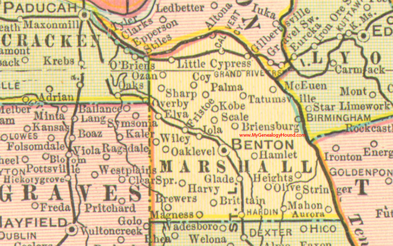 Marshall County, Kentucky 1905 Map Benton, Briensburg, Calvert City, Gilbertsville, Hardin, Palma, Ozan, Iola, KY