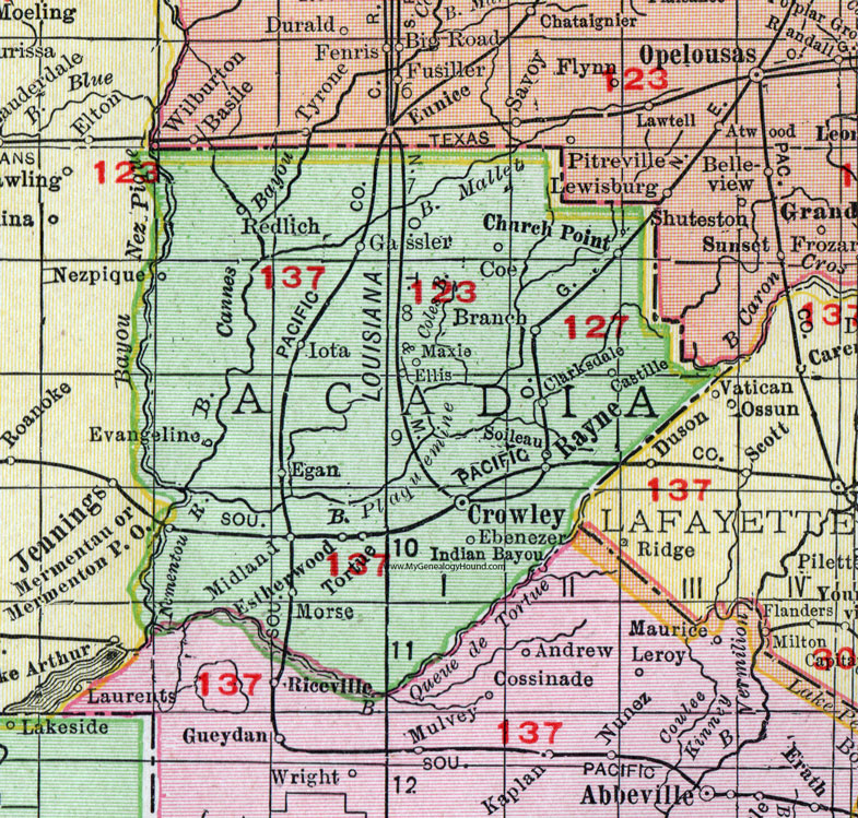 Acadia Parish, Louisiana, 1911, Map, Rand McNally, Crowley, Rayne, Church Point, Iota, Estherwood, Evangeline, Morse, Maxie
