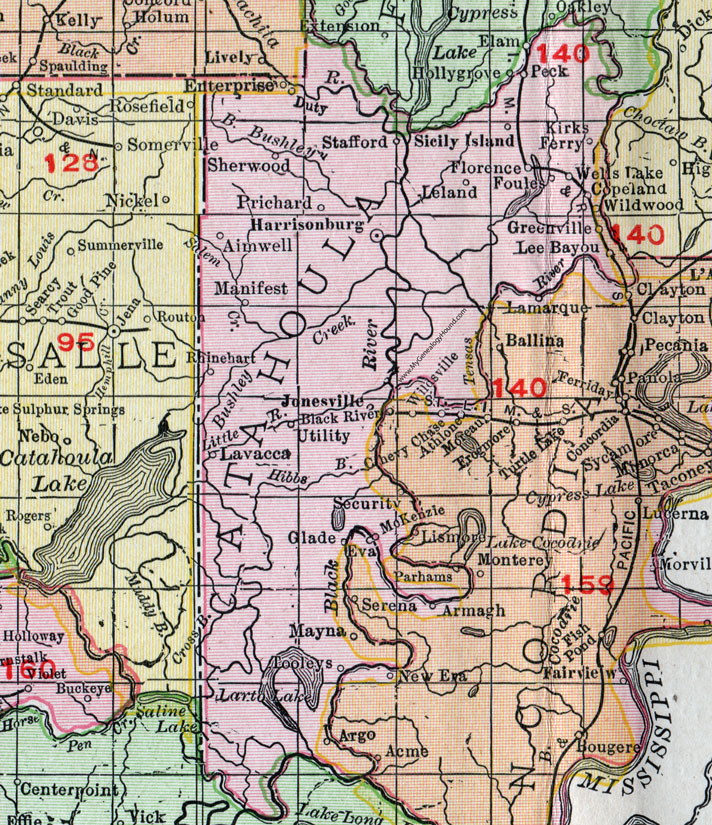 Catahoula Parish, Louisiana, 1911, Map, Rand McNally, Harrisonburg, Jonesville, Sicily Island, Enterprise, Aimwell, Manifest, Lee Bayou, Mayna