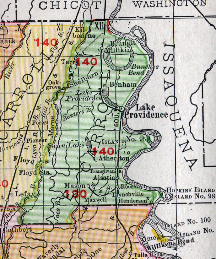 East Carroll Parish, Louisiana, 1911, Map, Rand McNally, Lake Providence, Millikin, Shelburn, Transylvania, Alsatia, Atherton, Roosevelt, Mason