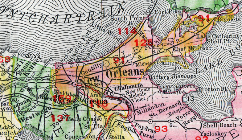 Orleans Parish, Louisiana, 1911, Map, Rand McNally, New Orleans, Gentilly, Algiers, Micheand, Seabrook, Fort Macomb, Spanish Fort, Rigolets