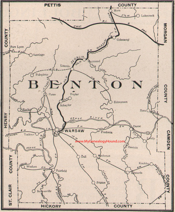 Benton County Missouri Map 1904 Warsaw, Lincoln, Cole Camp, Edwards, Fristoe, Santiago, Edmonson, Mo