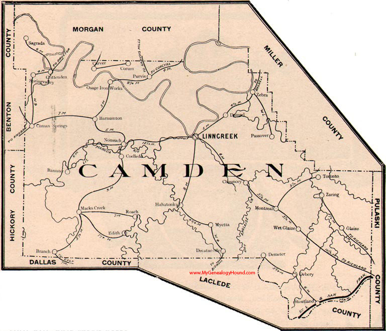 Camden County Missouri 1904 Map Linn Creek, Hahatonka, Stoutland, Roach, Macks Creek, Zebra, Climax Springs, Roach, Osage Iron Works, MO