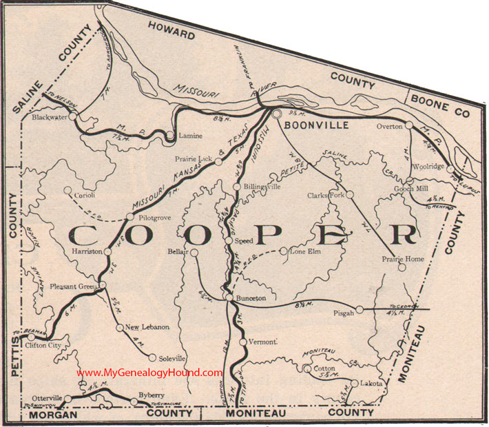 Cooper County, Missouri 1904 Map Boonville, Bunceton, Pilot Grove, Otterville, Blackwater, Prairie Home, Booneville, MO
