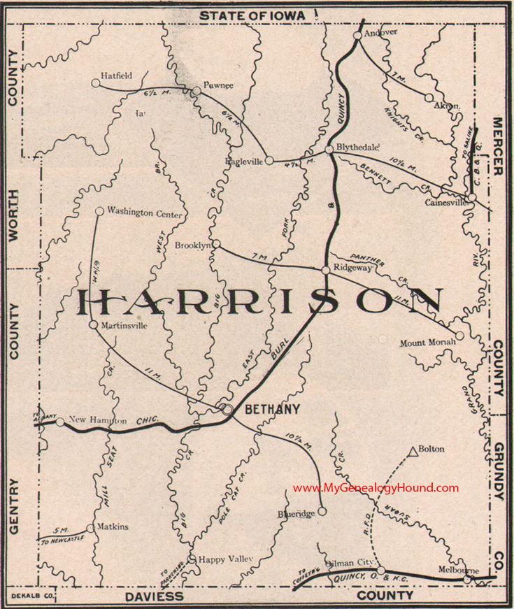Harrison County Missouri Map 1904 Bethany, Gilman City, New Hampton, Ridgeway, Blythedale, Eagleville, Cainesville, Mount Moriah, Hatfield, Martinsville, Melbourne, MO