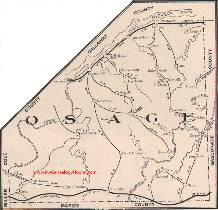 Osage County Missouri Map 1904 Linn, Westphalia, Bonnots Mill, Loose Creek, Rich Fountain, Meta, Koeltztown, Freeburg, MO