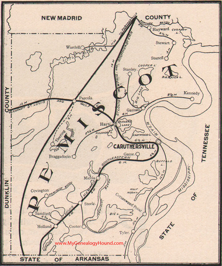 Pemiscot County Missouri Map 1904 Caruthersville, Hayti, Steele, Cooter, Holland, Braggadocio, Deering, MO