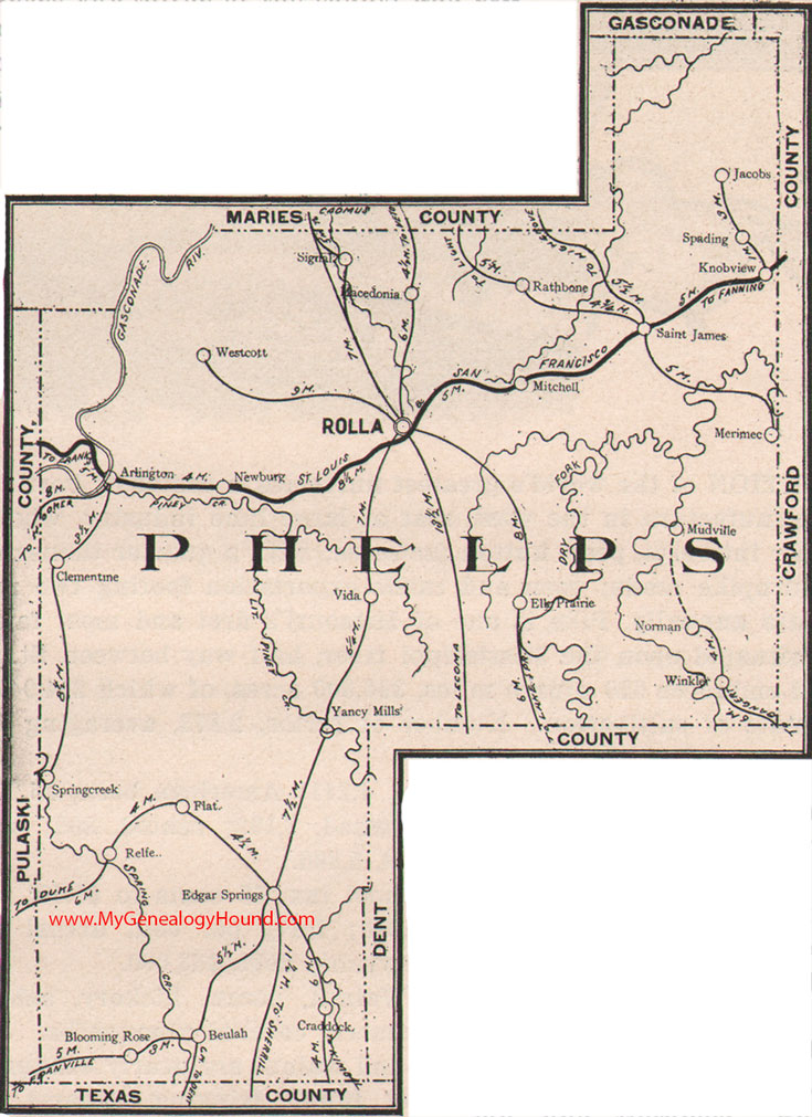 Phelps County Missouri Map 1904 Rolla, Saint James, Newburg, Edgar Springs, Beulah, Mitchell, Vida, Arlington, MO