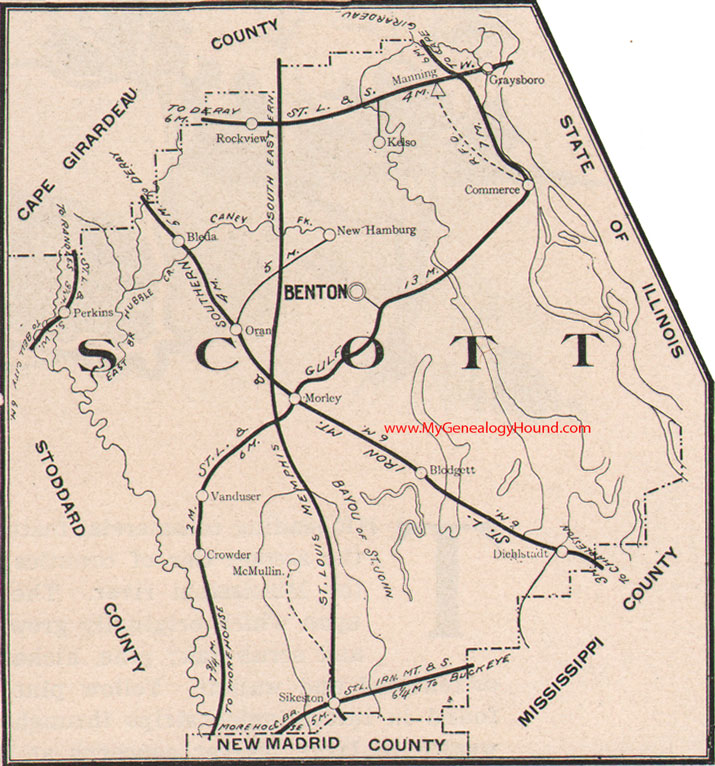 Scott County Missouri Map 1904 Sikeston, Benton, Oran, Morley, Kelso, Diehlstadt, Vanduser, New Hamburg, MO