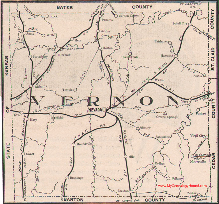 Vernon County Missouri Map 1904 Nevada, Sheldon, Schell City, Horton, Arthur, Rinehart, Metz, Walker, Stotesbury, MO  