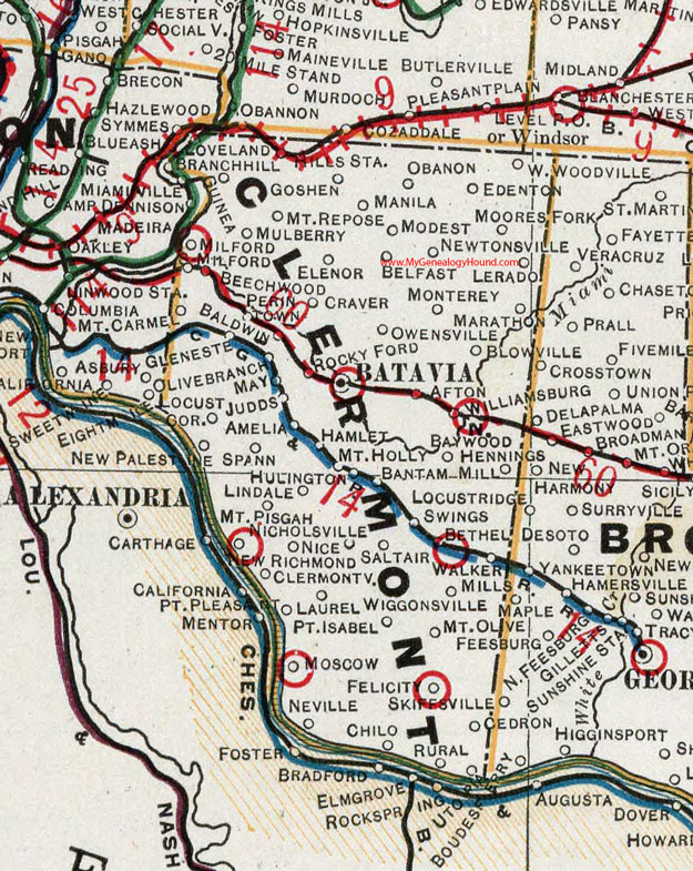 Clermont County, Ohio 1901 Map Batavia, Williamsburg, Owensville, Loveland, Hamlet, Bethel, New Richmond, Felicity, Moscow, OH