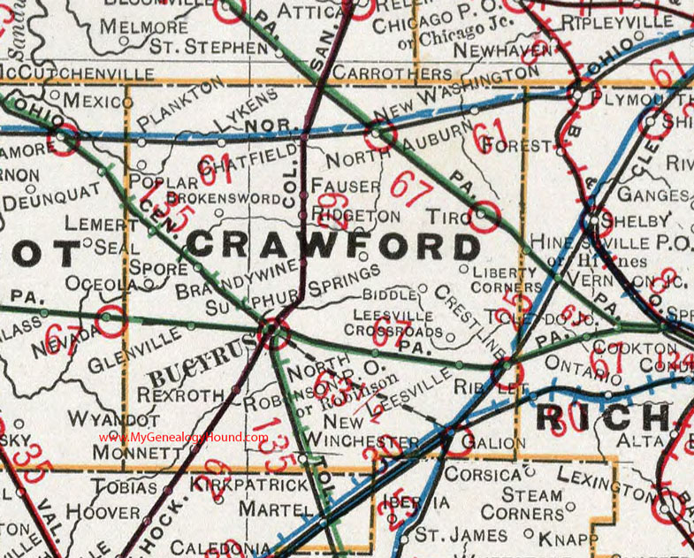 Crawford County, Ohio 1901 Map Bucyrus, Galion, Crestline, Oceola, New Wahington, Chatfield, Sulphur Springs, Monnett, Tiro, OH