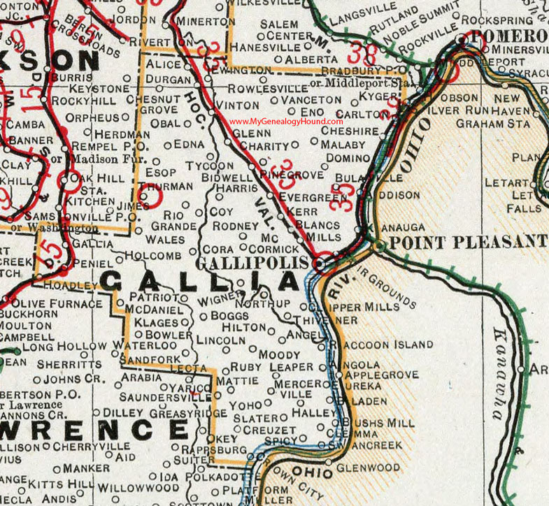 Gallia County, Ohio 1901 Map Gallipolis, Vinton, Bidwell, Rio Grande, Addison, Kerr, Eureka, Crown City, Leaper, OH