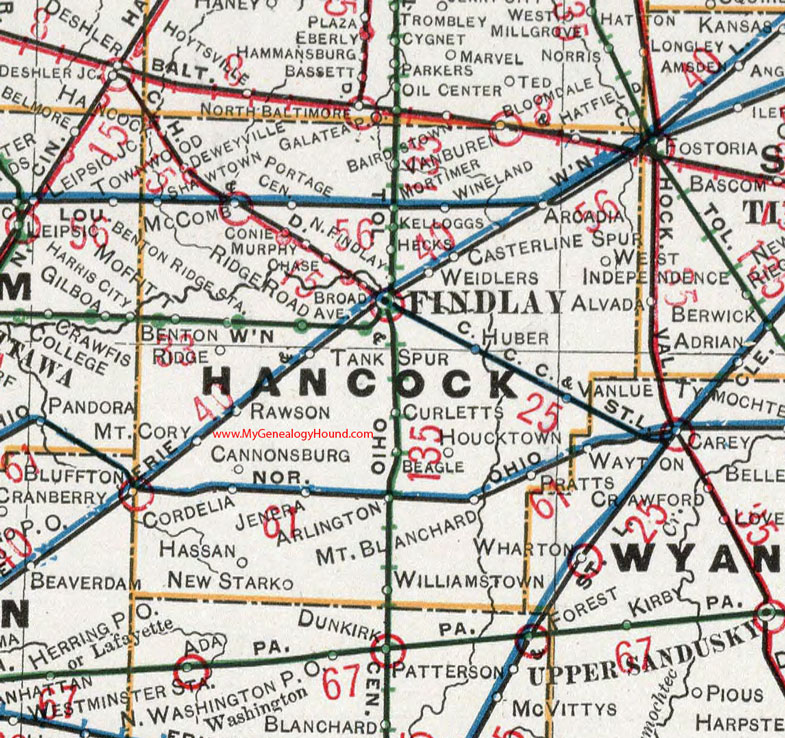 Hancock County, Ohio 1901 Map Findlay, Arlington, McComb, Rawson, Van Buren, Arcadia, Vanlue, Benton Ridge, Jenera, Mount Cory, OH