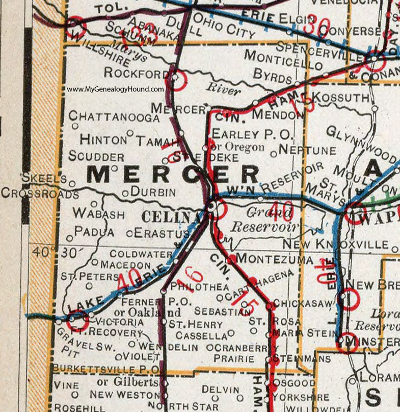 Mercer County, Ohio 1901 Map Celina, Coldwater, Montezuma, Chickasaw, Saint Henry, Rockford, Fort Recovery, Maria Stein, Mendon, Chattanooga, OH