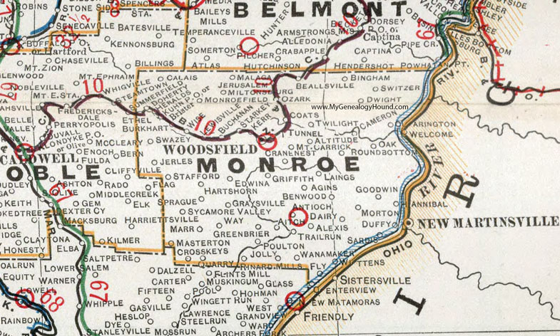 Monroe County, Ohio 1901 Map Woodsfield, Beallsville, Lewisville, Jerusalem, Hannibal, Sardis, Graysville, Laings, Malaga, Kerr, OH