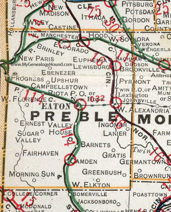 Preble County, Ohio 1901 Map, Eaton, Camden, West Alexandria, Gratis, Lewisburg, Eldorado, West Manchester, New Paris, West Elkton, Morning Sun, OH