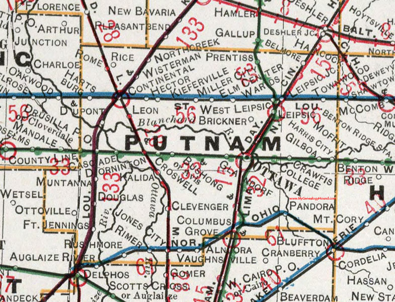 Putnam County, Ohio 1901 Map, Ottawa, Continental, Dupont, Glandorf, Miller City, Leipsic, Belmore, Pandora, Fort Jennings, Columbus Grove, Ottoville, OH