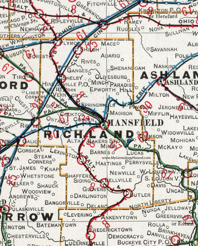Richland County, Ohio 1901 Map, Mansfield, Lexington, Bellville, Butler, Ontario, Shelby, Lucas, Plymouth, Shiloh, Adario, OH