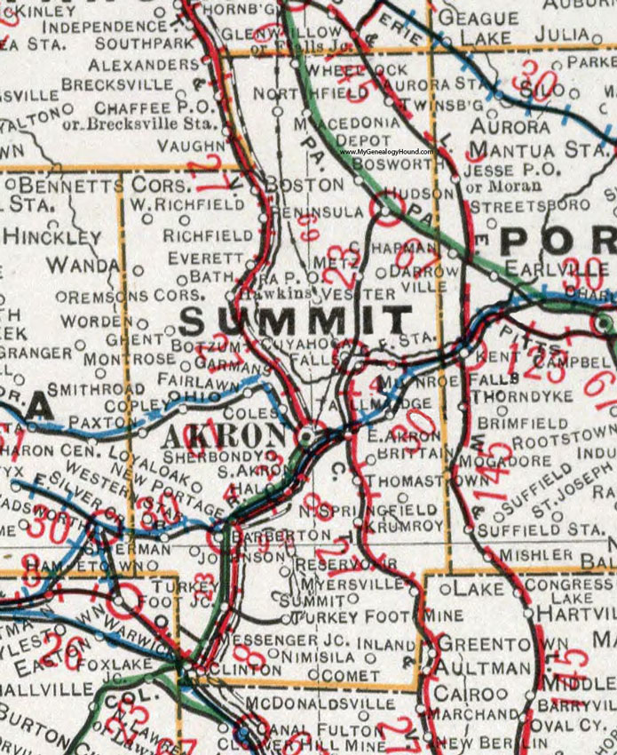 Summit County, Ohio 1901 Map, Akron, Tallmadge, Cuyahoga Falls, Hudson, Richfield, Barberton, Twinsburg, Clinton, Copley, Fairlawn, OH