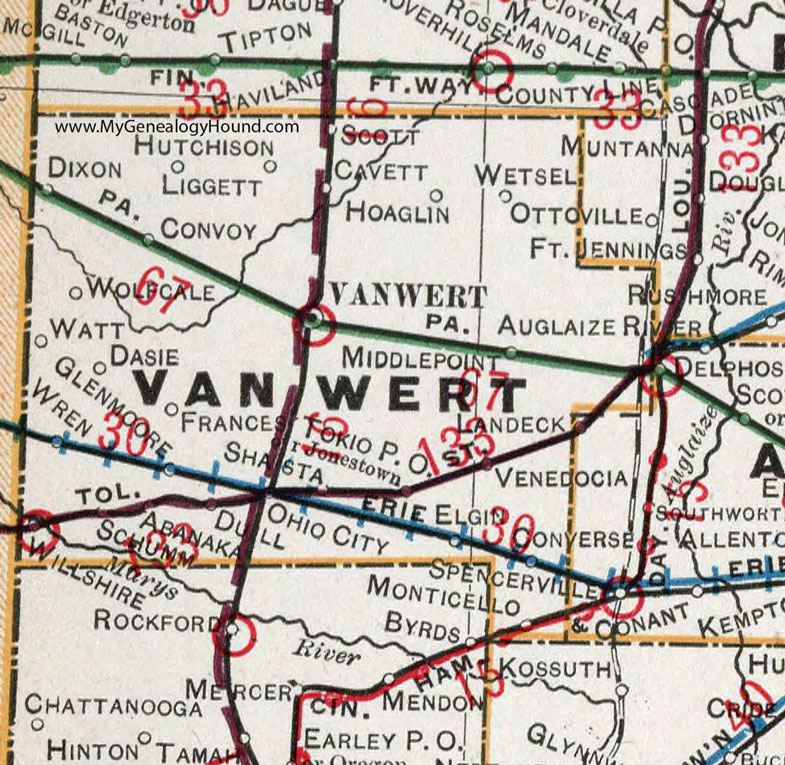 Van Wert County, Ohio 1901 Map, Ohio City, Wren, Willshire, Elgin, Venedocia, Middle Point, Convoy, Cavett, Schumm, Wolfcale, OH
