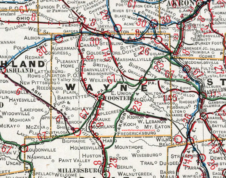 Wayne County, Ohio 1901 Map, Wooster, Orrville, Apple Creek, Dalton, Mount Eaton, Shreve, Madisonburg, Marshallville, Smithville, Rittman, Creston, OH