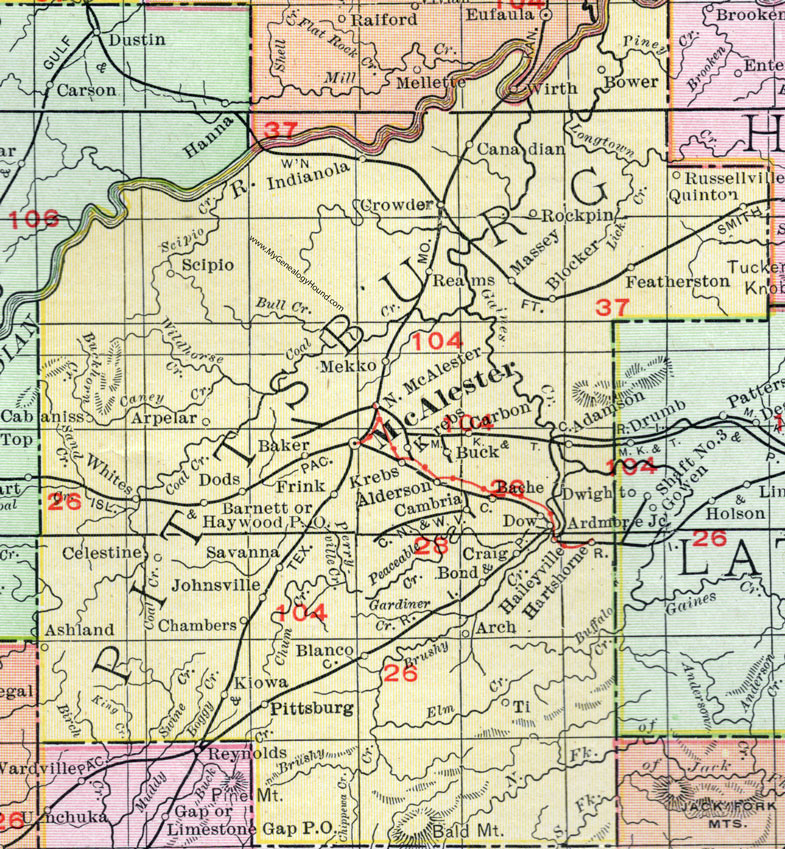 Pittsburg County, Oklahoma 1911 Map, Rand McNally, McAlester, Krebs, Quinton, Canadian, Crowder, Alderson, Haileyville, Hartshorne, Bache, Blocker, Kiowa, Pittsburg City, Blanco, Savanna