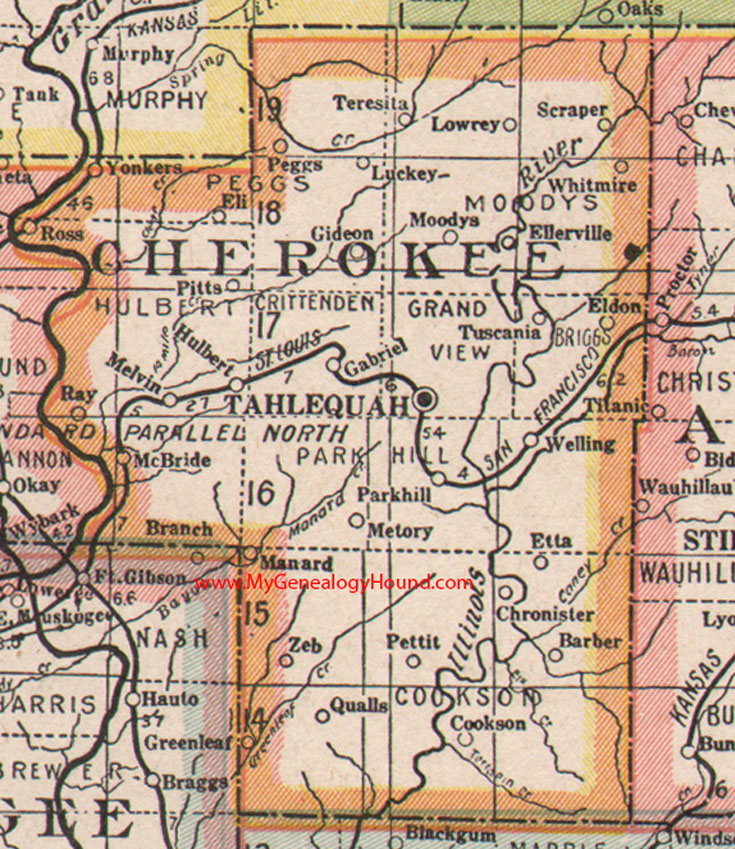 Cherokee County, Oklahoma 1922 Map Tahlequah, Hulbert, Moodys, Peggs, Cookson, Park Hill, Welling, Metory, Gideon, OK