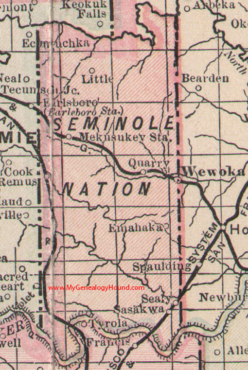 Seminole Nation Indian Territory 1905 Map Wewoka, OK, Emahaka, Little, Mekusukey Station, Quarry, Sasakwa, Sealy