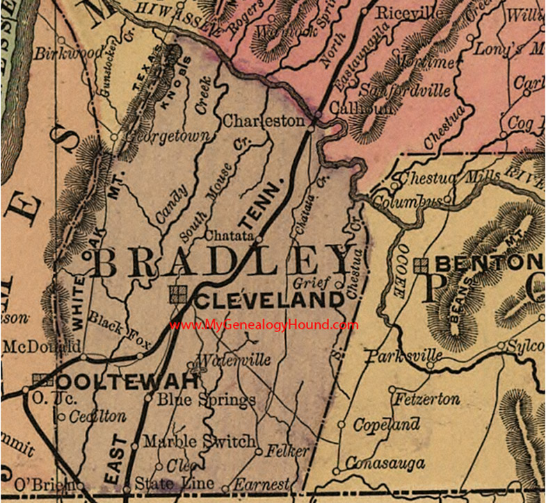 Bradley County, Tennessee 1888 Map Cleveland, Grief, Cleo, Waterville, Black Fox, Cecilton, Earnest, Felker, Charleston, Chatata, TN