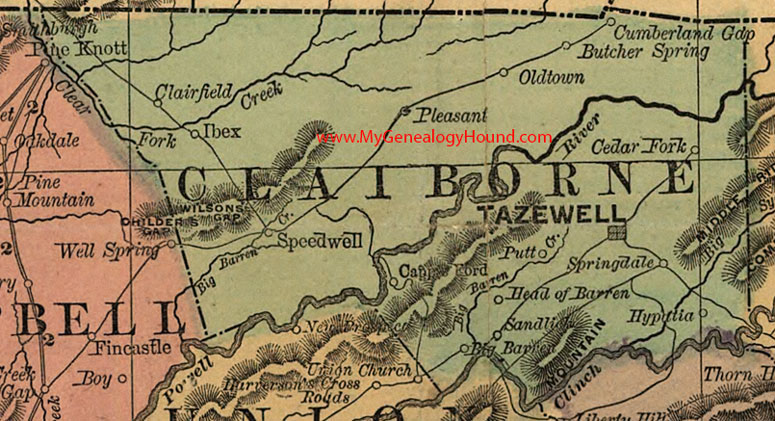 Claiborne County, Tennessee 1888 Map Tazewell, Ibex, Cumberland Gap, Putt, Hypatia, Speedwell, Springdale, Clairfield, Sandlick, TN