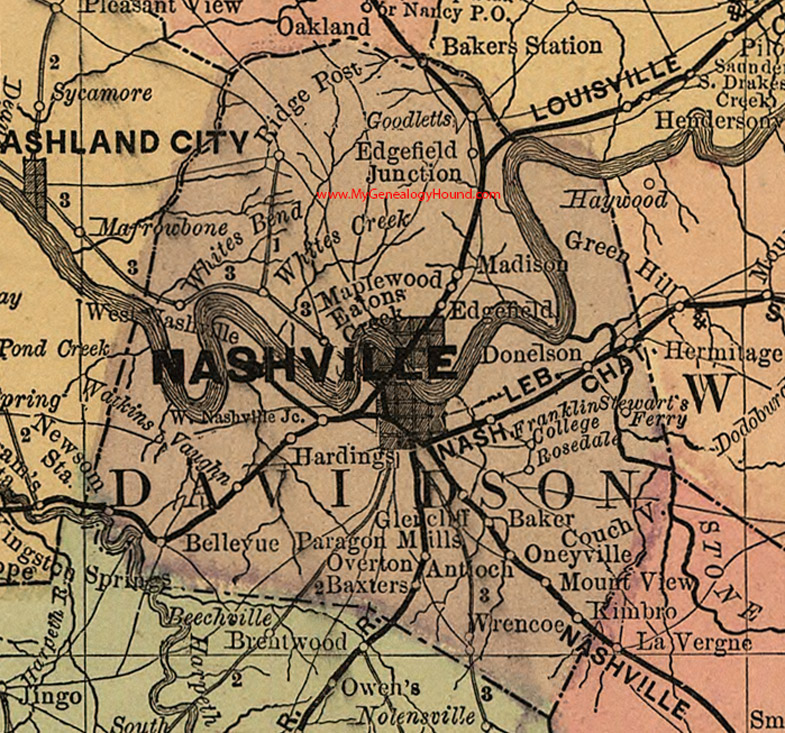 Davidson County, Tennessee 1888 Map Nashville, Goodlettsville, Donelson, Hermitage, Madison, Bellevue, Edgefield, Baker, Hardings, TN
