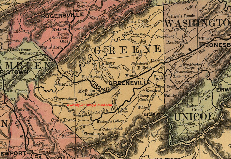 Greene County, Tennessee 1888 Map Greeneville, Albany, Sirenburgh, Fullens, Warrensburg, Whig, Rheatown, Mosheim, Rader's, TN