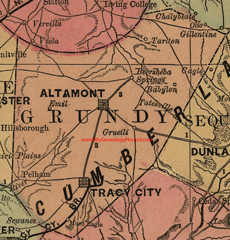 Grundy County, Tennessee 1888 Map Altamont, Tracy City, Monteagle, Babylon, Tarlton, Tatesville, Gruetli, Pelham, Emil, TN