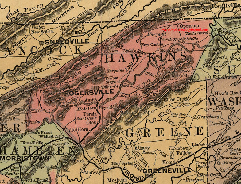 Hawkins County, Tennessee 1888 Map Rogersville, Holston, Mooresburg, Persia, Otes, Eidson, Surgoinsville, New Canton, Chimney Top, TN