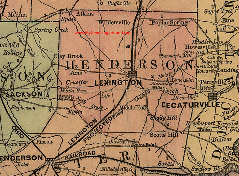 Henderson County, Tennessee 1888 Map Lexington, Wildersville, Atkins, Spain, Juno, Crucifer, Sardis, White Fern, Moores Hill, TN