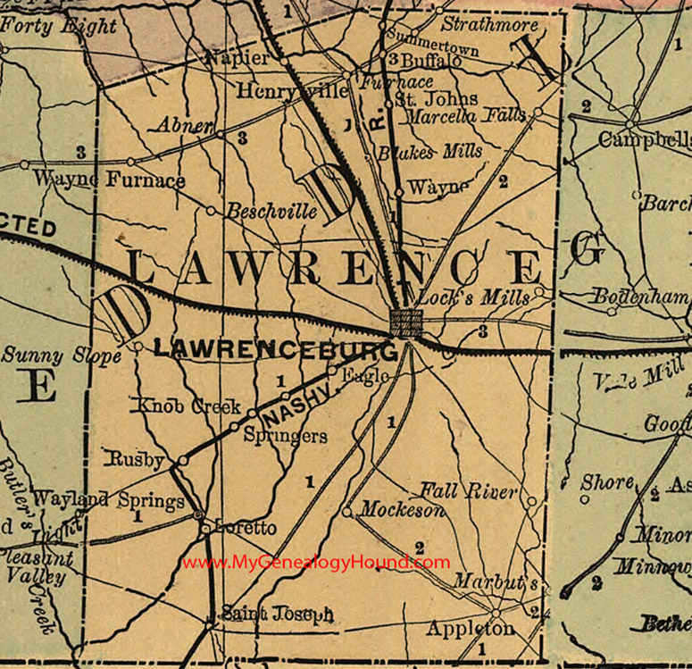 Lawrence County, Tennessee 1888 Map Lawrenceburg, Loretto, Strathmore, Buffalo, Abner, Rusby, Mockeson, Appleton, Napier, TN