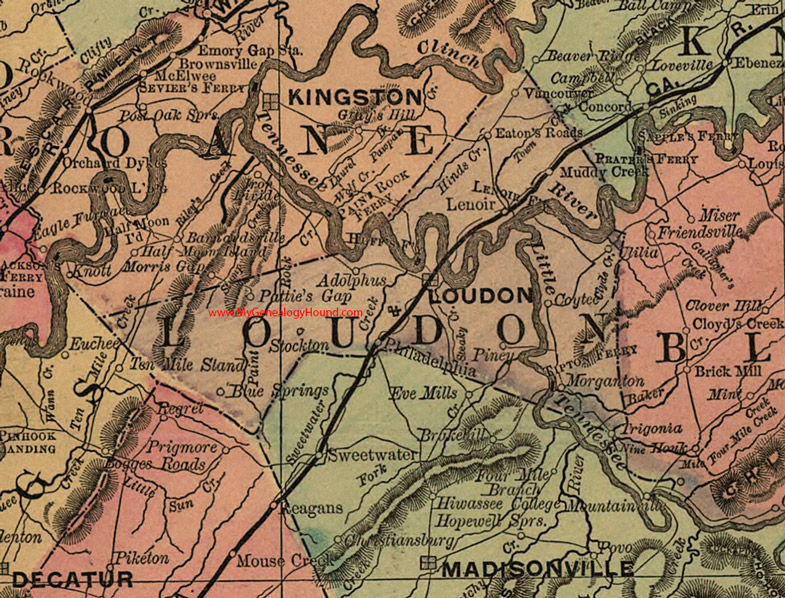 Loudon County, Tennessee 1888 Map Lenoir, Philadelphia, Trigonia, Adolphus, Blue Springs, Pattie's Gap, Stockton, Coytee, Eaton's Roads, TN